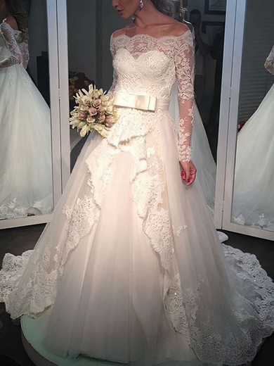 Princess Tulle Sashes / Ribbons Perfect Long Sleeve Off-the-shoulder Wedding Dresses #UKM00022502