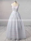 A-line Scoop Neck White Tulle Appliques Lace Discounted Wedding Dress #UKM00022503