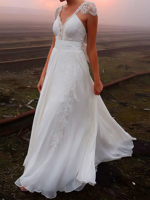 A-line V-neck Chiffon Sweep Train Wedding Dresses With Beading #UKM00022505