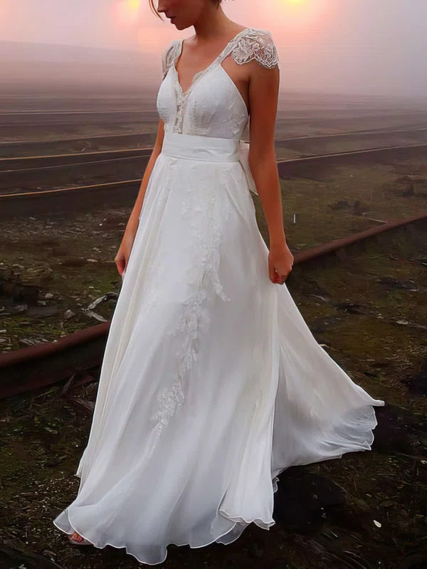 A-line V-neck Chiffon Sweep Train Wedding Dresses With Beading #UKM00022505