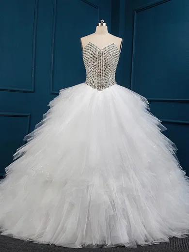 Ball Gown/Princess V-neck Tulle Chapel Train Wedding Dresses With Crystal Detailing #UKM00022509