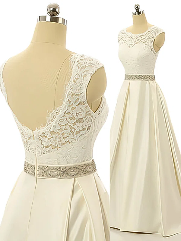 Ball Gown Illusion Satin Sweep Train Wedding Dresses With Appliques Lace #UKM00022517