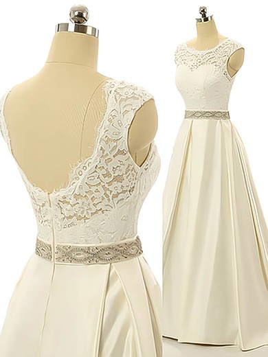 Scoop Neck Nice Elastic Woven Satin with Lace Sweep Train Open Back Wedding Dress #UKM00022517
