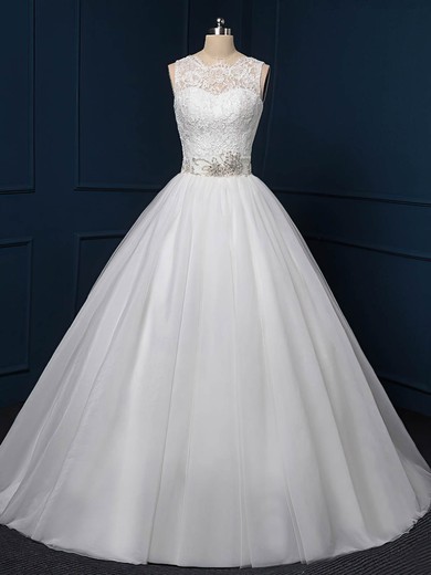 Ball Gown White Tulle Sashes / Ribbons Sweep Train Amazing Wedding Dress #UKM00022518