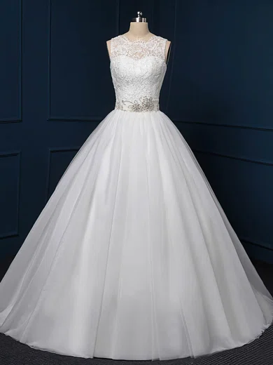 Ball Gown/Princess Illusion Tulle Sweep Train Wedding Dresses With Appliques Lace #UKM00022518