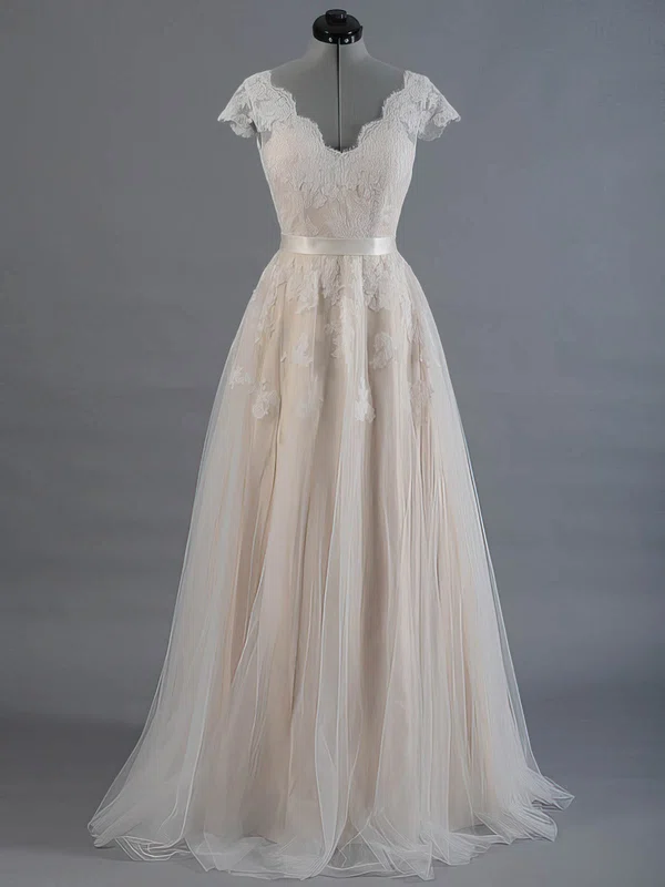 V-neck Champagne Tulle Appliques Lace Princess Short Sleeve Wedding Dress #UKM00022520