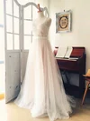 A-line Illusion Tulle Sweep Train Wedding Dresses With Appliques Lace #UKM00022521