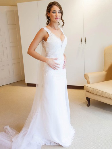 Classy Sheath/Column V-neck Tulle Appliques Lace Sweep Train Backless Wedding Dresses #UKM00022654