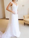 Sheath/Column V-neck Tulle Sweep Train Wedding Dresses With Appliques Lace #UKM00022654