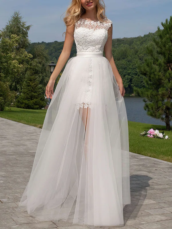 A-line Illusion Lace Tulle Floor-length Wedding Dresses #UKM00022524