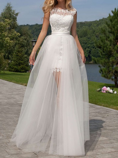 A-line Illusion Lace Tulle Floor-length Wedding Dresses #UKM00022524