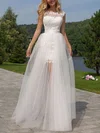 Exclusive Sheath/Column Scoop Neck Lace Tulle Detachable Ruffles Open Back Wedding Dresses #UKM00022524