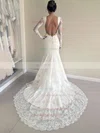 Backless Trumpet/Mermaid Scoop Neck Lace Court Train Appliques Lace Long Sleeve Wedding Dresses #UKM00022527