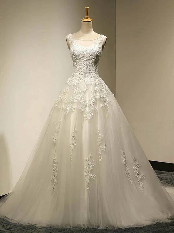 Ball Gown Illusion Tulle Court Train Wedding Dresses With Appliques Lace #UKM00022534
