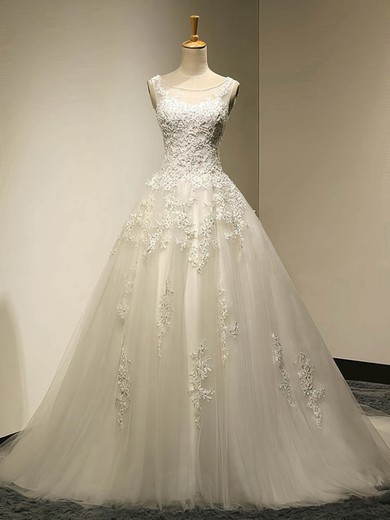 Ball Gown Scoop Neck Tulle Court Train Appliques Lace Original Wedding Dresses #UKM00022534