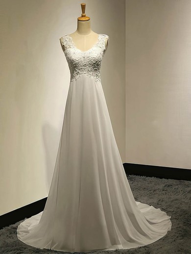 Empire Sweetheart Chiffon Sweep Train Appliques Lace Ivory Custom Wedding Dresses #UKM00022536