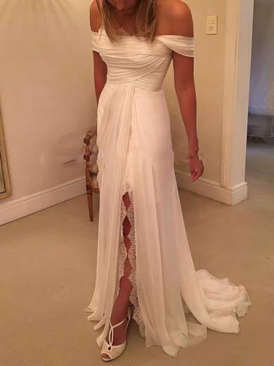 Fashion Sheath/Column Off-the-shoulder Chiffon Watteau Train Lace Backless Wedding Dresses #UKM00022548