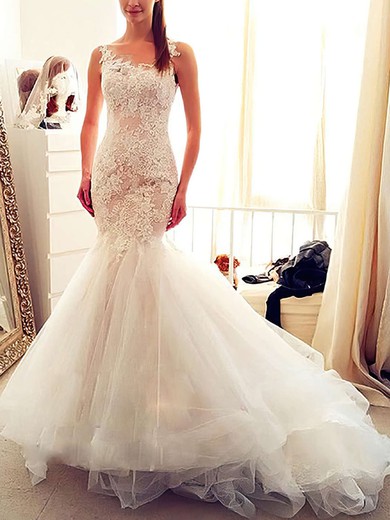 Trumpet/Mermaid Illusion Tulle Chapel Train Wedding Dresses With Appliques Lace #UKM00022554