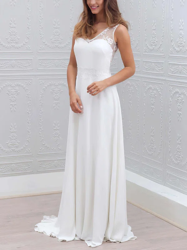 A-line V-neck Lace Chiffon Sweep Train Wedding Dresses With Sashes / Ribbons #UKM00022555
