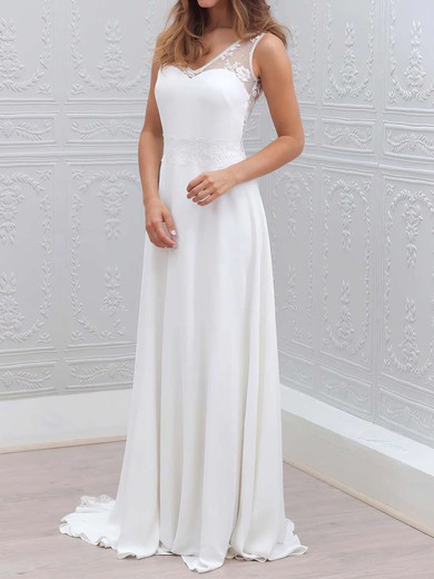 A-line V-neck Lace Chiffon Sweep Train Wedding Dresses With Sashes / Ribbons #UKM00022555