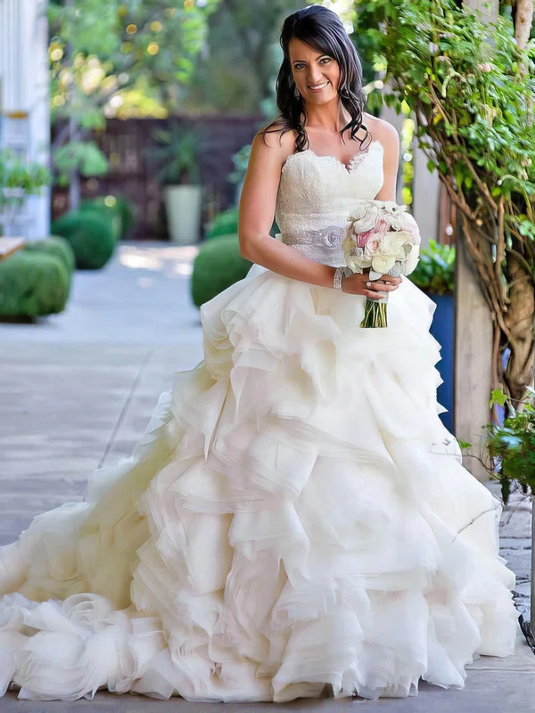 A-line Sweetheart Organza Court Train Wedding Dresses With Tiered #UKM00022563