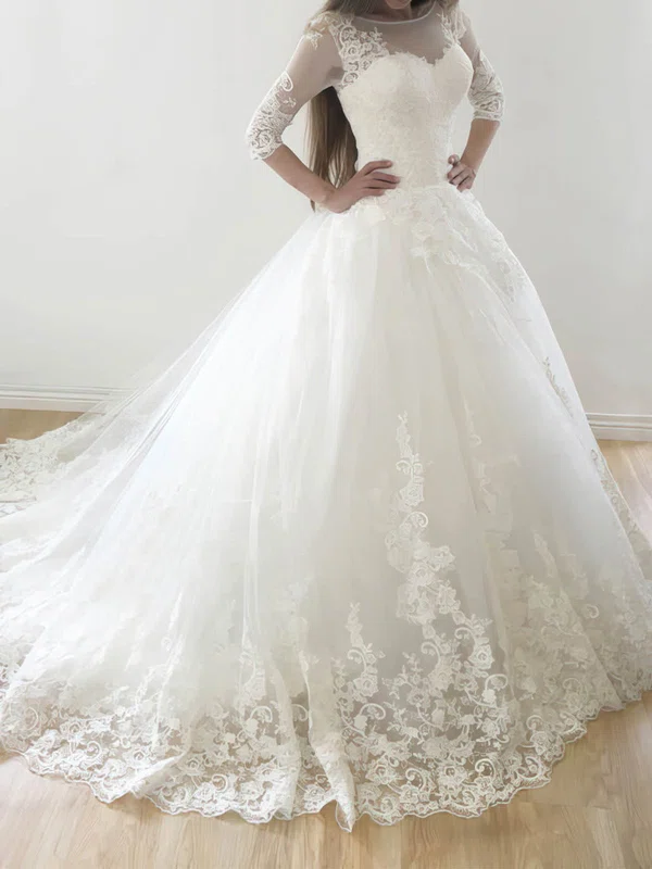 Ball Gown/Princess Illusion Tulle Court Train Wedding Dresses With Appliques Lace #UKM00022569