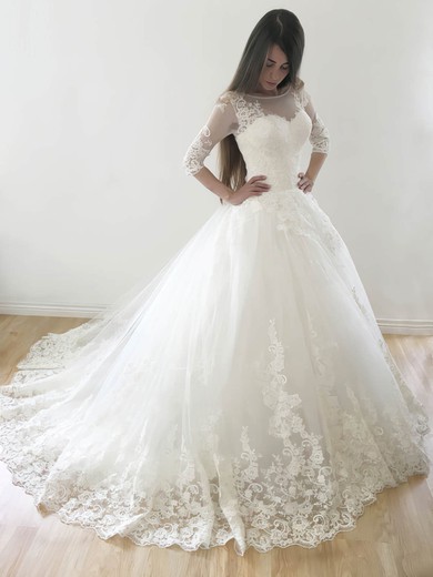 Ball Gown Illusion Tulle Court Train Wedding Dresses With Appliques Lace #UKM00022569