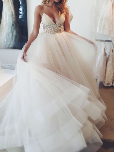 Ball Gown/Princess V-neck Tulle Court Train Wedding Dresses With Crystal Detailing #UKM00022575