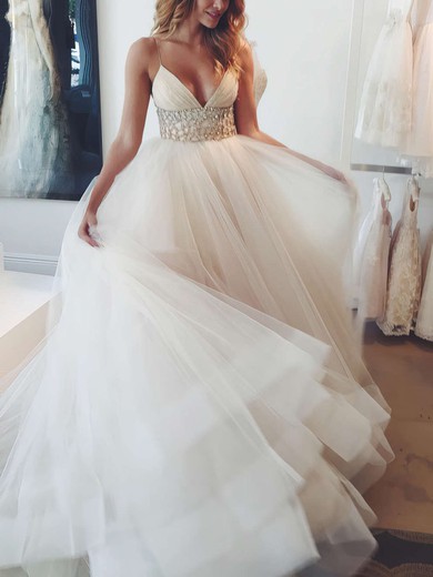 Boutique Princess V-neck Tulle Court Train Crystal Detailing Backless Wedding Dresses #UKM00022575