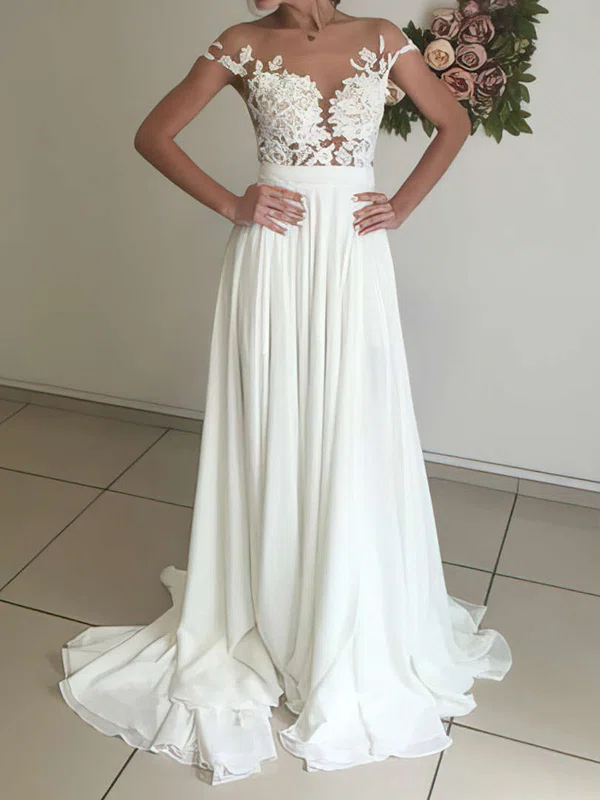 A-line Illusion Chiffon Sweep Train Wedding Dresses With Appliques Lace #UKM00022588