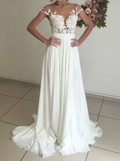 A-line Illusion Chiffon Sweep Train Wedding Dresses With Appliques Lace #UKM00022588