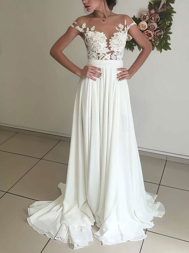 A-line Illusion Chiffon Sweep Train Wedding Dresses With Appliques Lace #UKM00022588