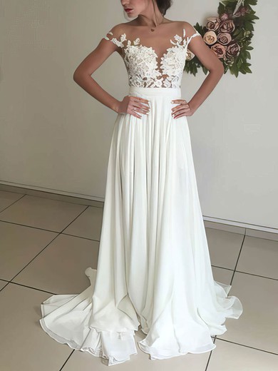 A-line Scoop Neck Chiffon Tulle Sweep Train Appliques Lace Short Sleeve Unique Wedding Dress #UKM00022588