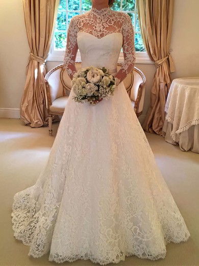 Ball Gown/Princess High Neck Lace Sweep Train Wedding Dresses With Sashes / Ribbons #UKM00022590