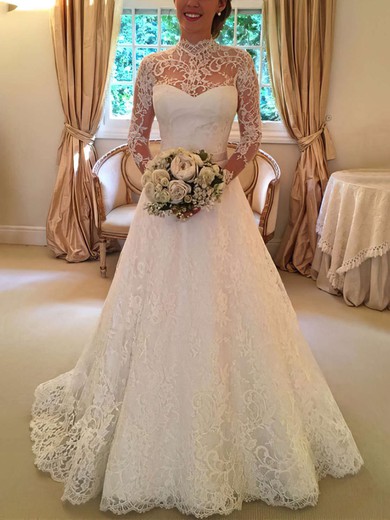 Ball Gown High Neck Lace Sweep Train Wedding Dresses With Sashes / Ribbons #UKM00022590