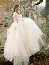 A-line Scoop Neck Tulle Sweep Train Appliques Lace New Arrival Wedding Dresses #UKM00022592