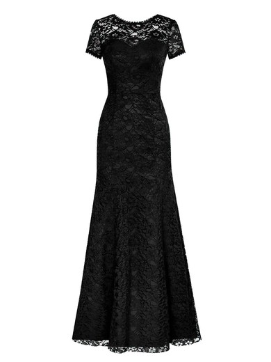 Sheath/Column Scoop Neck Lace Ruffles Floor-length Black Short Sleeve Classic Prom Dresses #UKM020102807