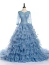 Princess Scoop Neck Organza Lace with Sequins Chapel Train Long Sleeve Modest Prom Dresses #UKM020102803