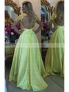 A-line Scoop Neck Satin Sweep Train Appliques Lace Prom Dresses #UKM020102805