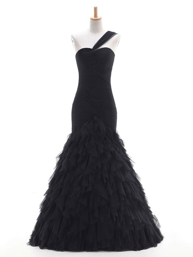 Trumpet/Mermaid One Shoulder Floor-length Tulle Ruffles Prom Dresses #UKM020102760