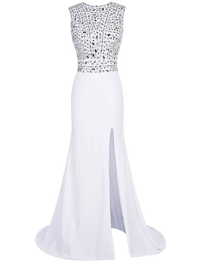 Perfect Sheath/Column Scoop Neck Chiffon Beading Sweep Train White Prom Dresses #UKM020102796