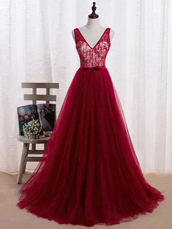 Princess V-neck Tulle Sweep Train Lace Prom Dresses #UKM020102852