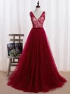 Princess V-neck Tulle Sweep Train Lace Prom Dresses #UKM020102852