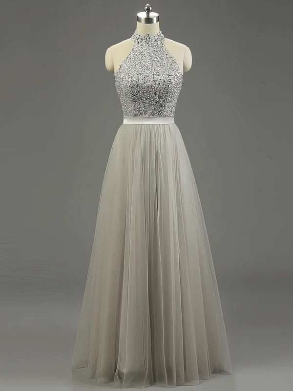 A-line High Neck Tulle Floor-length Beading Prom Dresses #UKM020101636