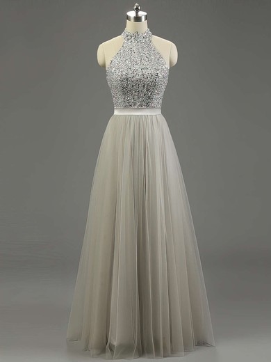 Ball Gown High Neck Tulle Floor-length Beading Prom Dresses #UKM020101636