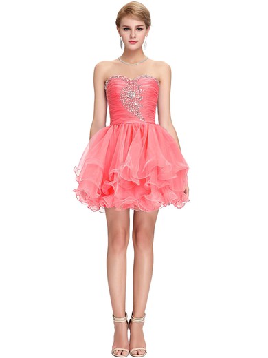 Coolest Sweetheart Watermelon Organza Beading Short/Mini Prom Dresses #UKM020101647