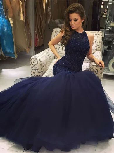 Trumpet/Mermaid Scoop Neck Tulle Sweep Train Beading Prom Dresses #UKM020102901