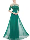 A-line Illusion Chiffon Floor-length Appliques Lace Prom Dresses #UKM020101696