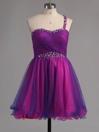 Original A-line Tulle with Beading Short/Mini One Shoulder Prom Dresses #ZPUKM02013221