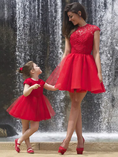A-line Scoop Neck Tulle Short/Mini Lace Prom Dresses #UKM02018746